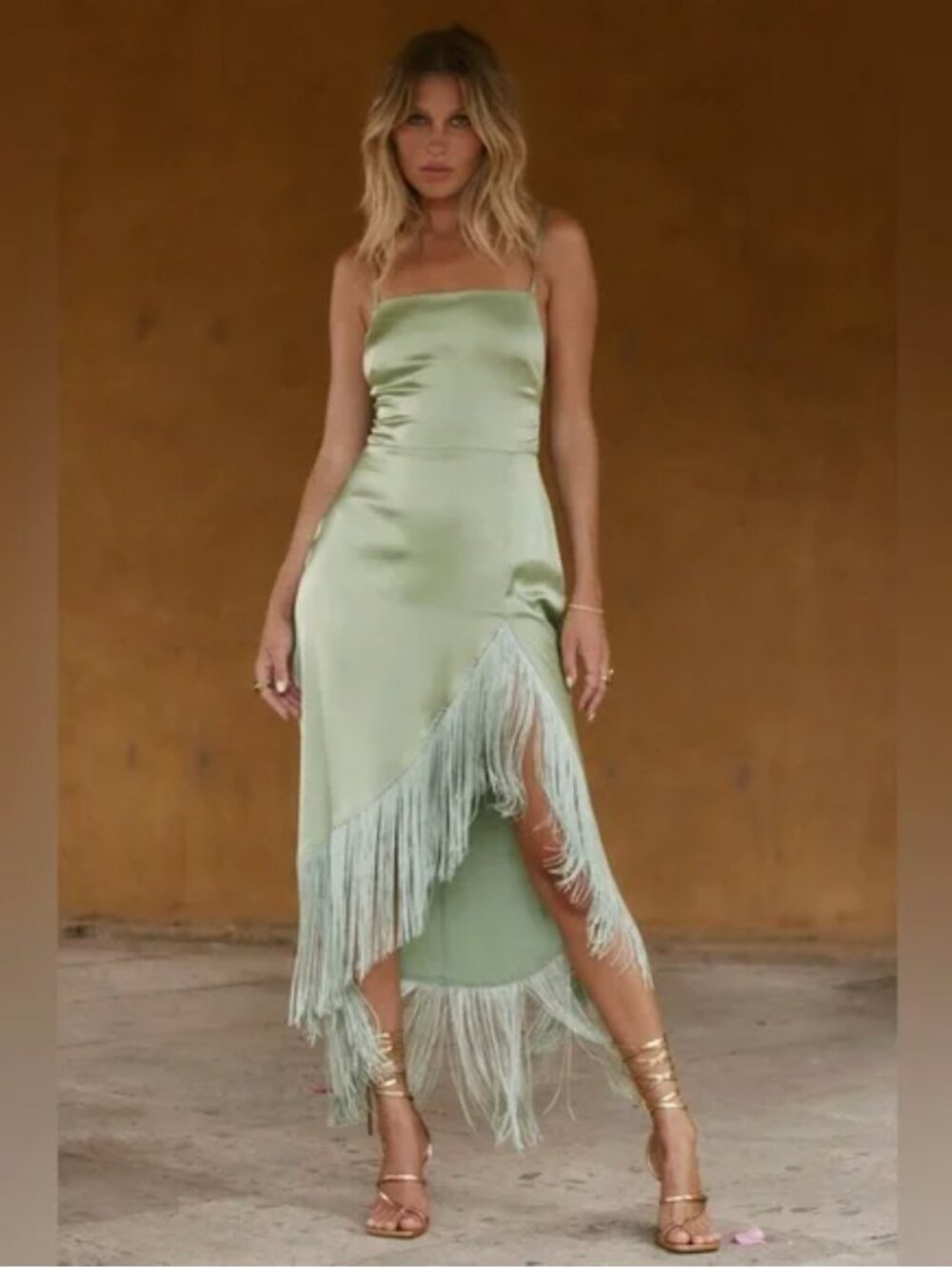 Monet Sage Fringe Satin Maxi Dress
